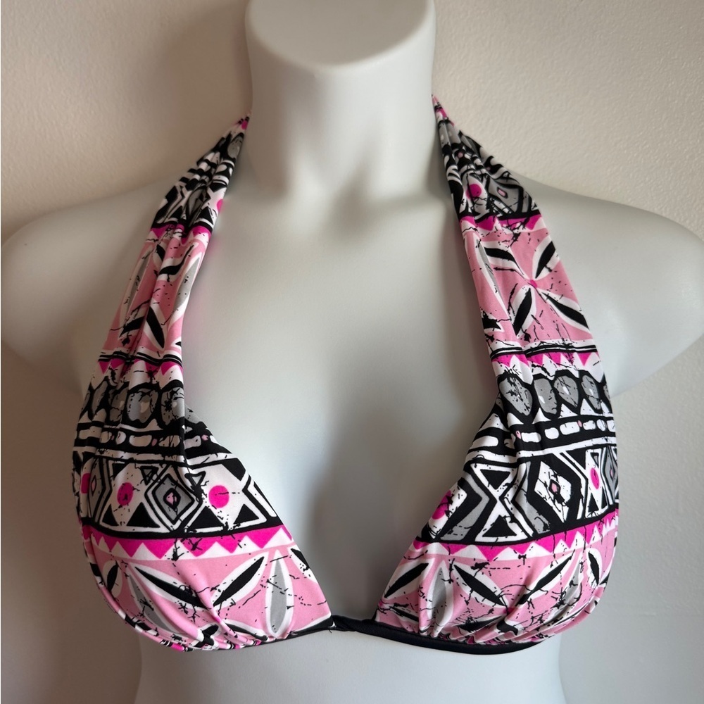 Venus Black Pink White Gray Tropical Tribal Halter Bikini Top Cup D EUC SKU0931